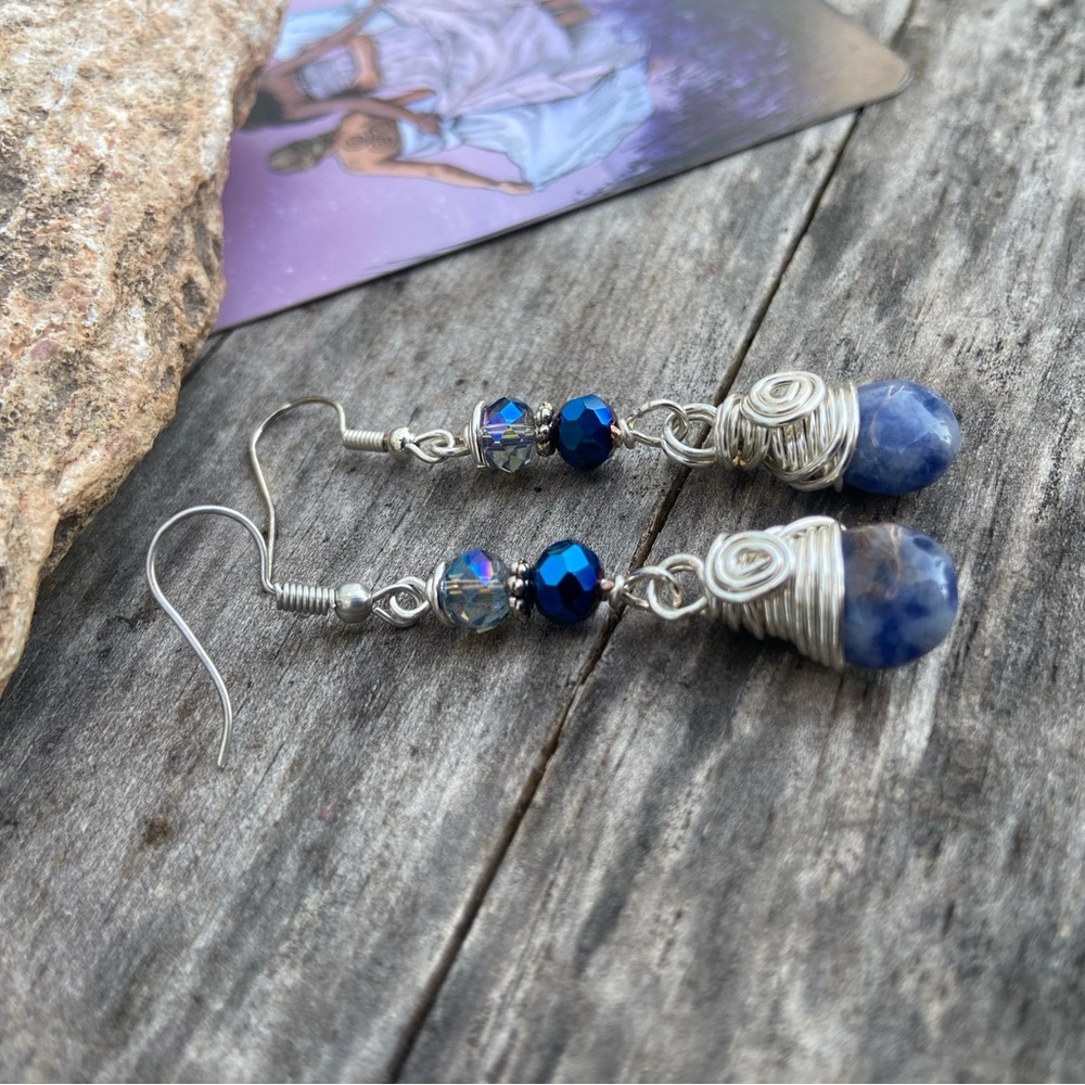 Wire Wrapped Sodalite Briolette Gemstone Dangle Earrings - Handmade - Picture 3 of 11